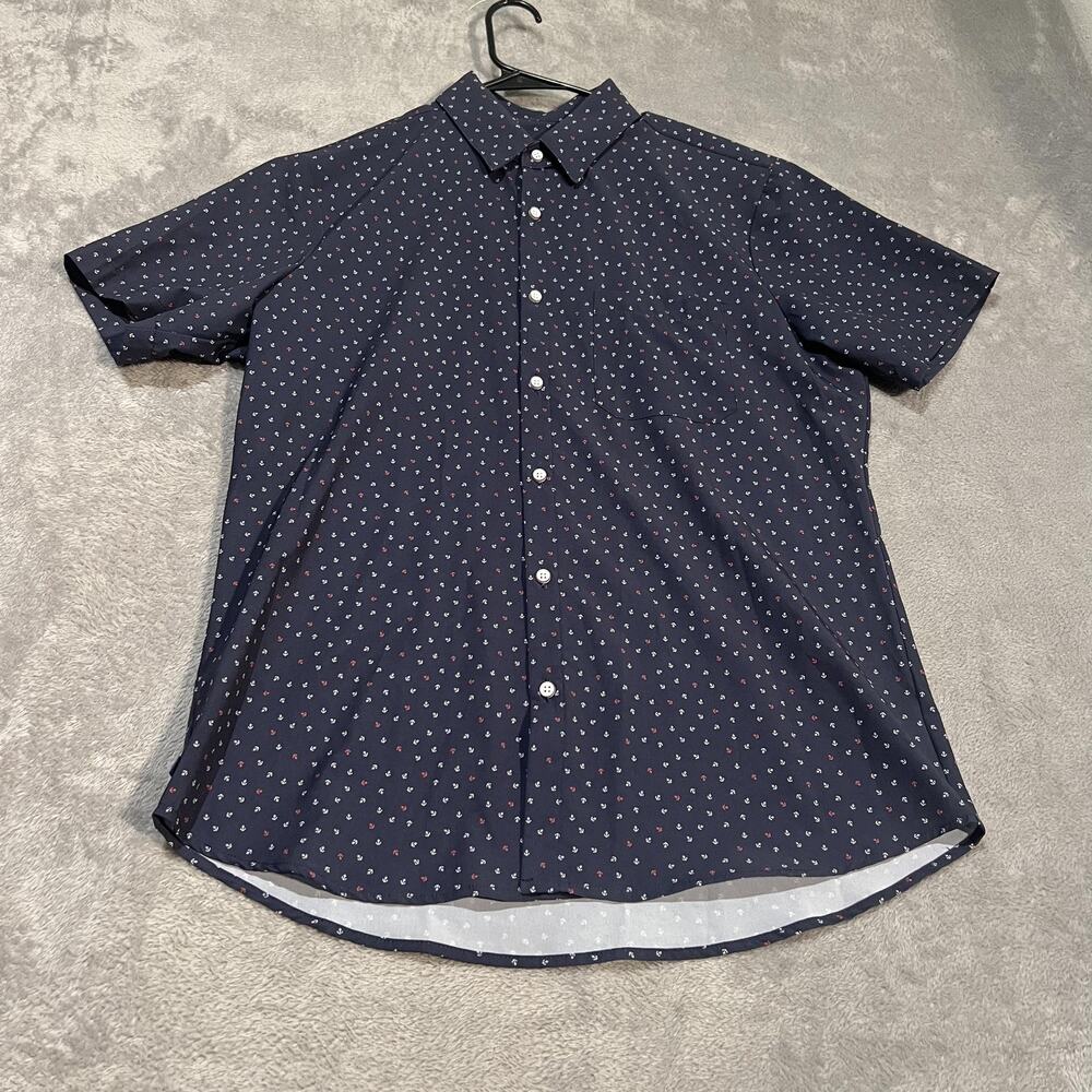 Mizzen+Main Shirt Mens Large Trim Fit Navy Anchor Print Short Sleeve Button Up